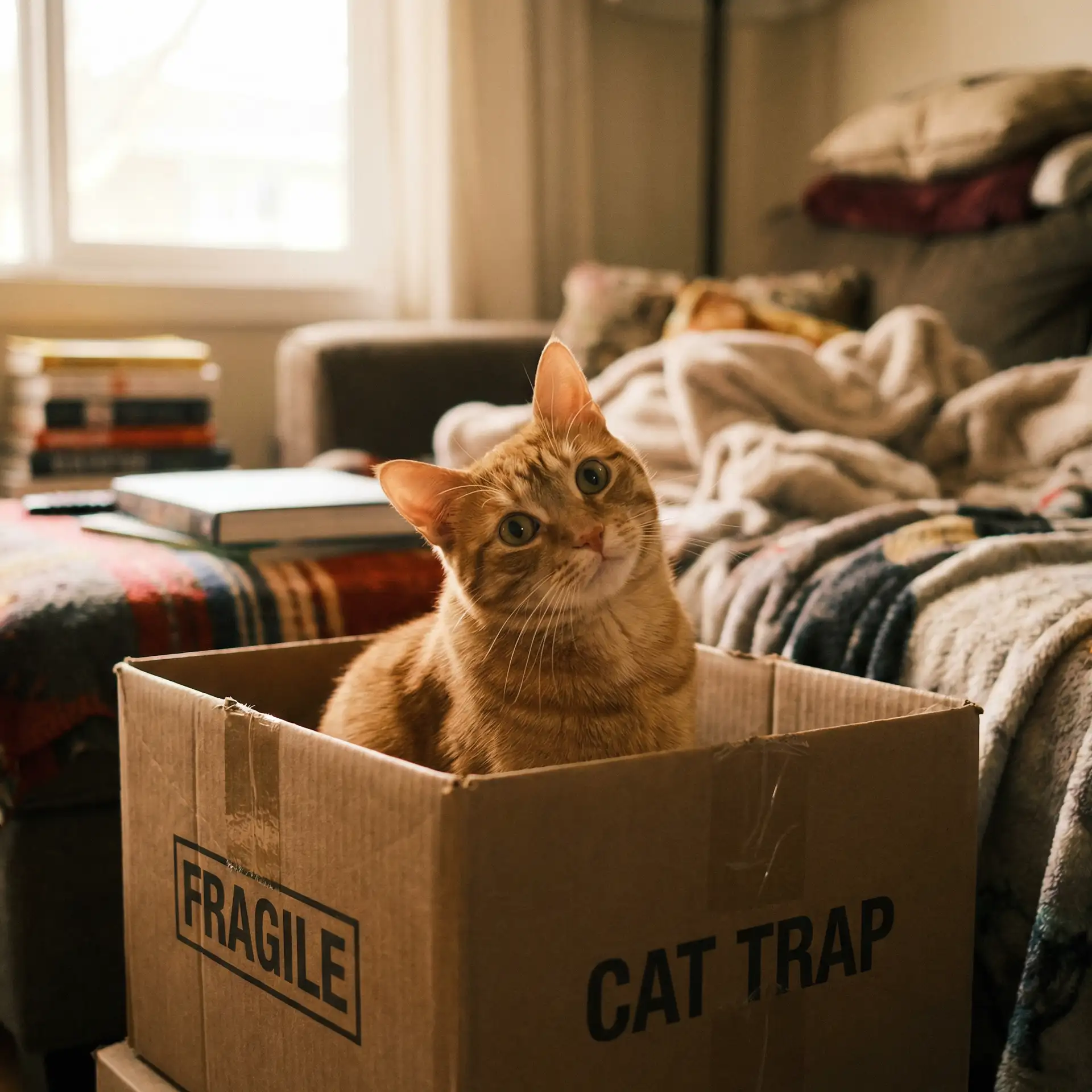 橘猫躲在纸箱里 - 俏丽女护士