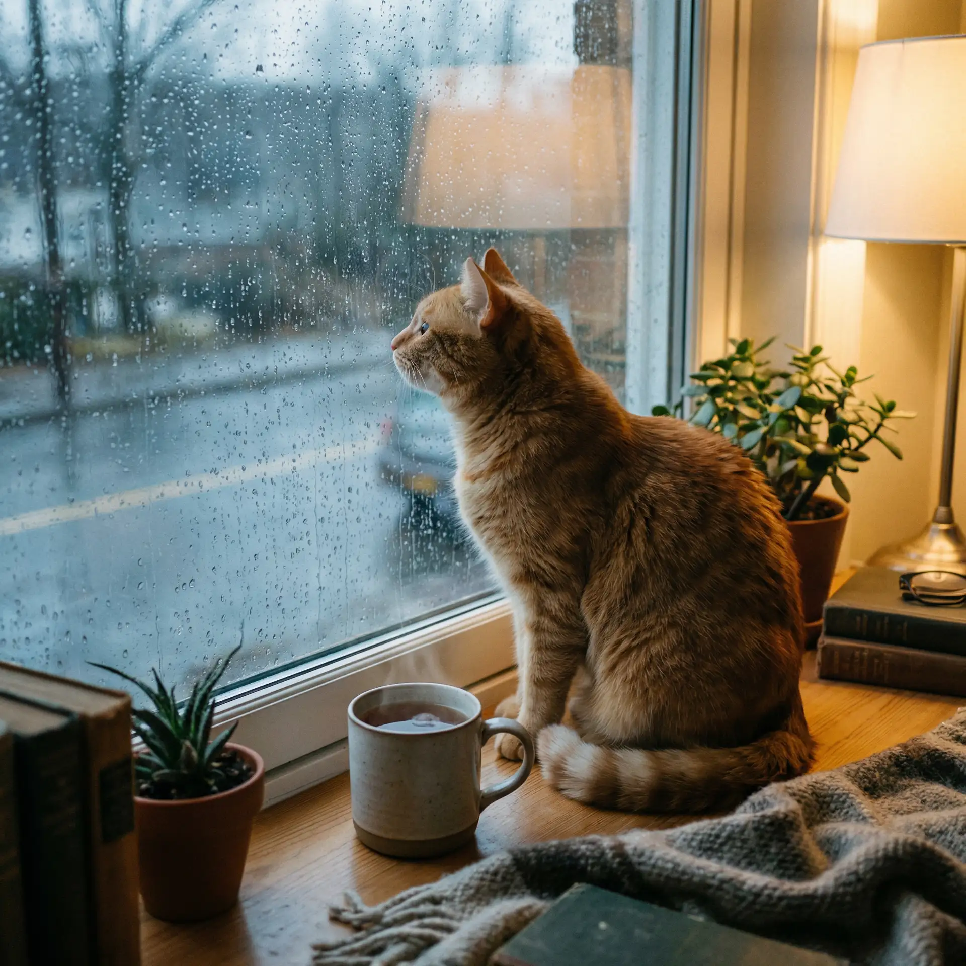 猫咪望着窗外的雨 - 俏丽女护士